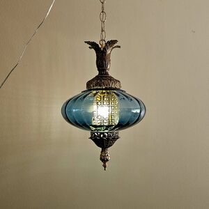 BLUE Saucer Falkenstein Glass Hanging Antique Light Swag Lamp Retro Globe